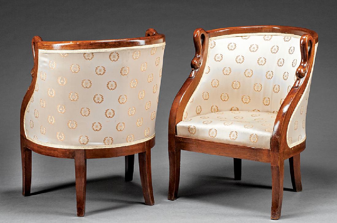 2 Louis Philippe-Style Carved Mahogany Bergeres: Pair of Louis Philippe-Style Carved Mahogany Bergeres, curved back, swan's head uprights, shaped legs, h. 30 in., w. 23 in., d. 17 1/2 in Condition: Structurally sound. Scattered marks, nicks, minor l