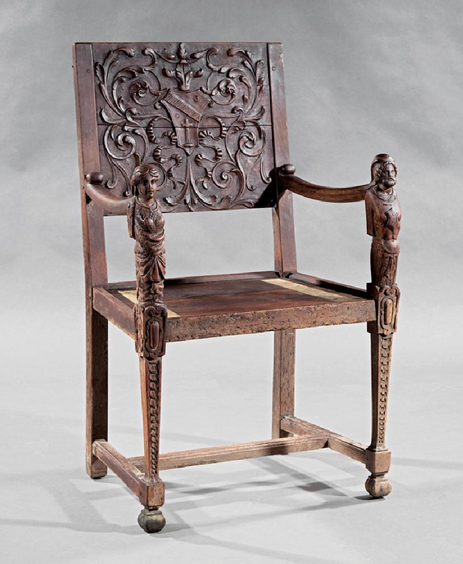 Renaissance-Style Carved Hardwood Armchair: Antique Continental Renaissance-Style Carved Hardwood Armchair, foliate and shield-carved seat back, figural uprights, tapered legs, H-stretcher, block feet, h. 38 in., w. 23 3/4 in., d. 18 1/4 in Con