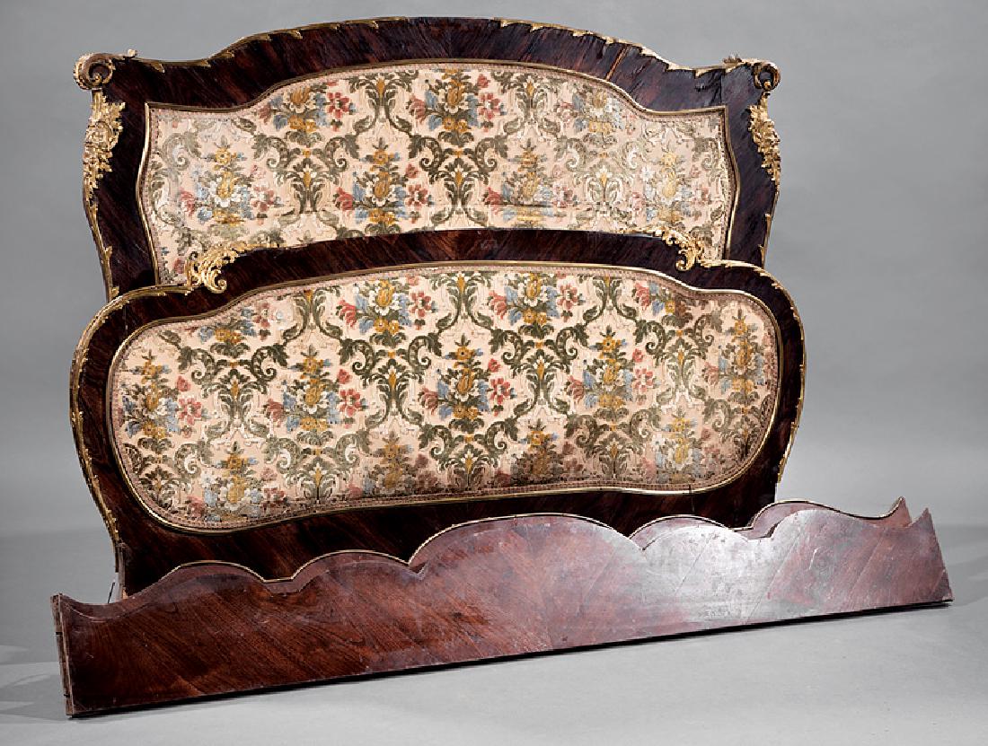Louis XV-Style Bronze-Mounted Kingwood Bed Parts: Vintage Louis XV-Style Bronze-Mounted Kingwood Bed Parts, incl. shaped headboard and footboard with inset fabric panels, serpentine rails, headboard h. 49 1/2 in., w. 58 in. Note: Lacking nuts and bol