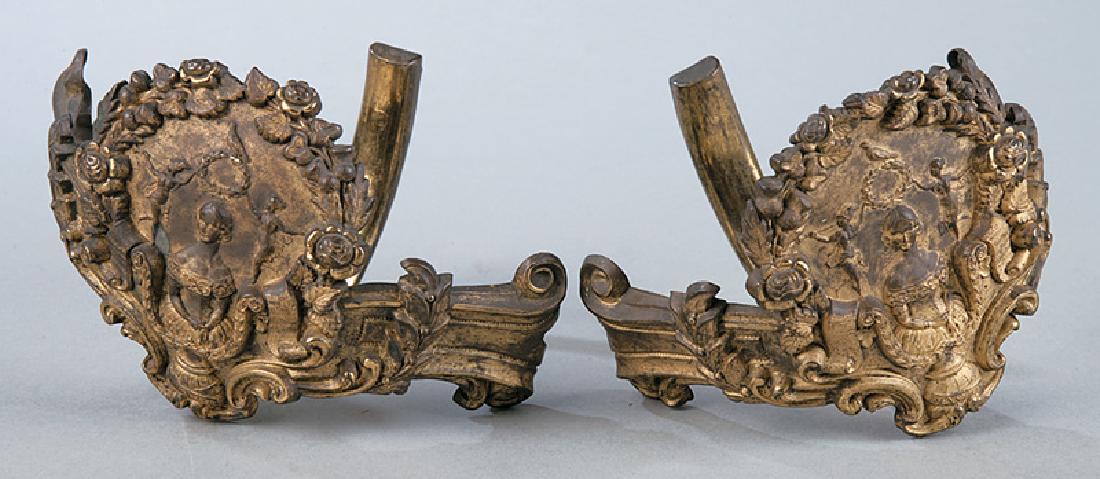 English Rococo Revival Gilt Brass Tiebacks: Pair of English Rococo Revival Pressed Gilt Brass Tiebacks, c. 1860, with registry mark, cartouches with portraits of Jenny Lind, floral surrounds, h. 5 in IMPORTANT: All purchases must be removed fro
