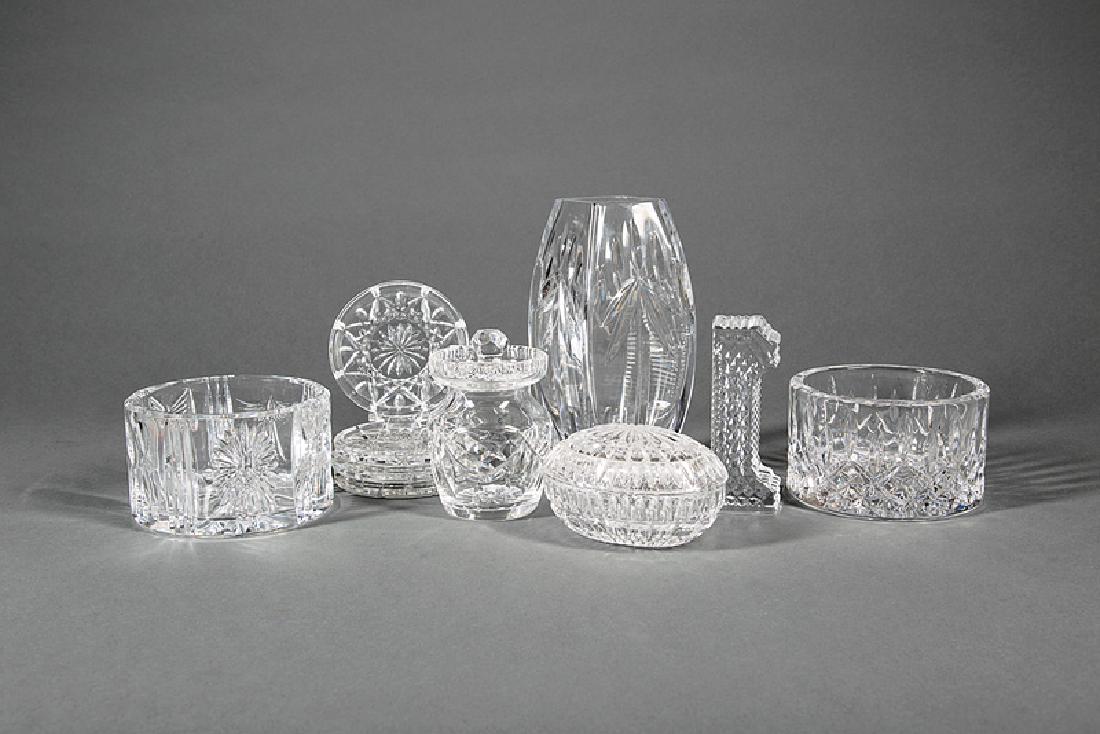 Group of Waterford Crystal Objects: Group of Waterford Crystal Objects, incl. "Preston" square vase, h. 8 in., w. 3 1/2 in.; "Lismore" wine coaster, h. 5 1/4 in., dia. 3 1/4 in.; "Millenium" wine coaster, h. 5 1/4 in., dia. 3 1/4 in.; 6