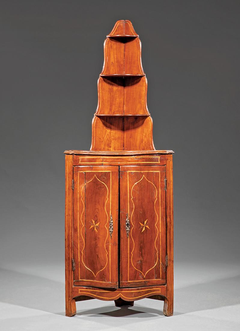 Diminutive Louis XV Inlaid Cherrywood Encoignure: Diminutive Louis XV Inlaid Cherrywood Encoignure, 18th c., tiered superstructure, serpentine base, compass star inlaid doors and top, chamfered stiles, conforming skirt, h. 60 1/2 in., w. 22 1/2 in., 