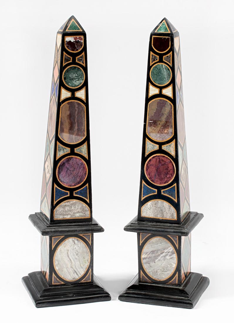 Pair of Italian Grand Tour Specimen Marble Obelis: Pair of Italian Grand Tour Specimen Marble Obelisks, 20th c., of typical form, h. 21 in., w. 6 in., d. 6 in