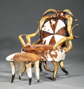 Steer Horn Armchair, attr. Wenzel Friedrich: Rare Antique American Steer Horn Armchair, late 19th c., attr. to Wenzel Friedrich, San Antonio, Texas, back, arms and legs comprised of tipped steer horns, hide back and seat, L.C. Tiffany glass and