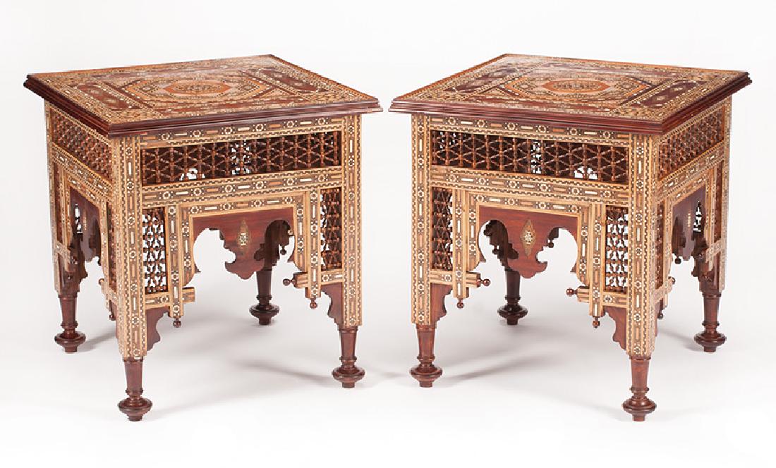 Pair of Moorish Bone Inlaid Hardwood Side Tables: Pair of Moorish Bone Inlaid Hardwood Side Tables, molded top, spindled frieze, shaped brackets, turned disc feet, h. 26 1/2 in., w. 24 in., d. 24 in