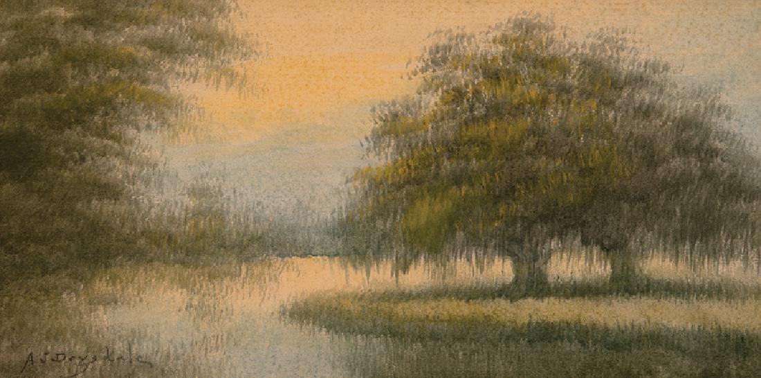 Alexander John Drysdale (American/New Orleans): Alexander John Drysdale (American/New Orleans, 1870-1934), "Bayou Scene with Live Oak", oil wash on board, signed lower left, 10 in. x 19 7/8 in., oak frame . Provenance: Jean Bragg Gallery of Souther