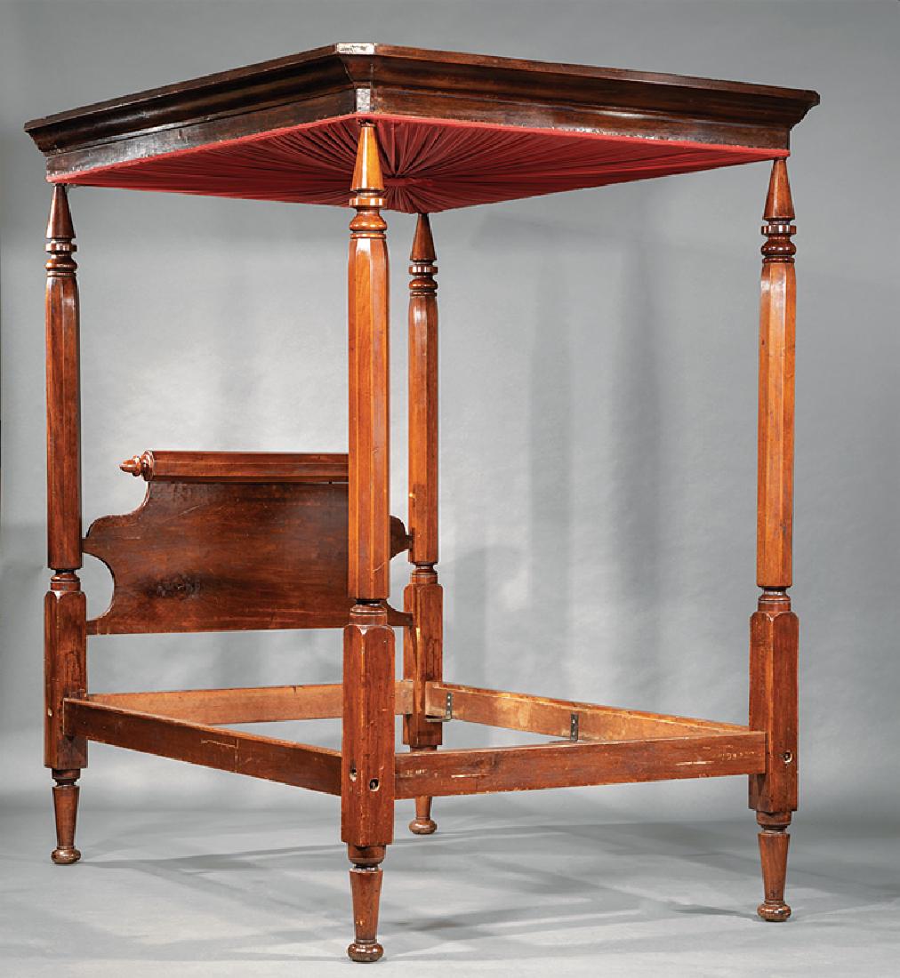 American Mahogany and Cherrywood Four Poster Bed: American Mahogany and Cherrywood Four Poster Bed, c. 1840, likely lower Mississippi Valley, ogee molded tester, faceted posts, rolling pin headboard, plain rails, tapered turned legs, ball feet, h. 88