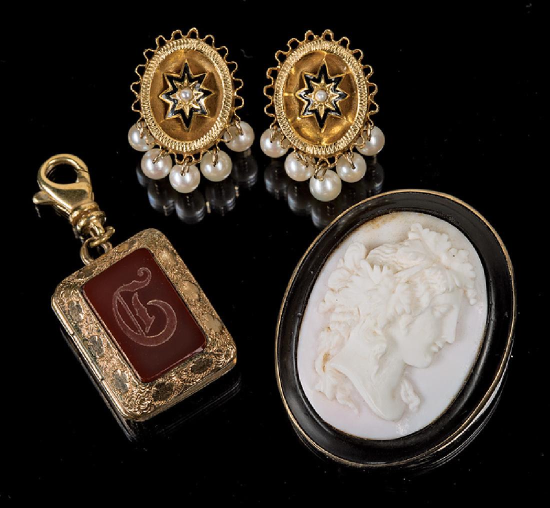 Group of Jewelry in the Victorian Taste: Group of Jewelry in the Victorian Taste, incl. pair of Etruscan-style 14 kt. yellow gold, black enamel and pearl earrings (reproduction), carved stone cameo mourning brooch, and bloodstone and sardony