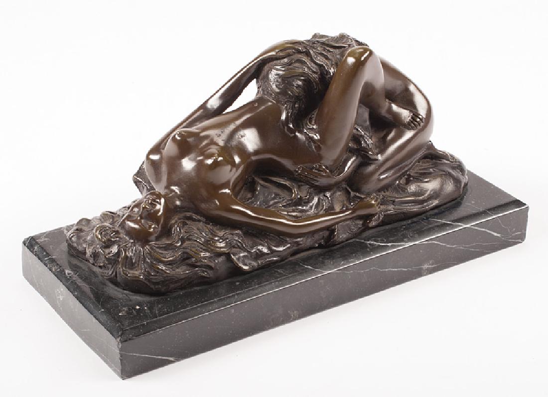 Patinated Bronze Erotic Figural Group: Patinated Bronze Erotic Figural Group, after Jef Lambeaux, signature inscribed on self-base, h. 5 3/4 in., w. 13 3.7 in., d. 5 1/2 in., marble base, overall h. 7 1/2 in