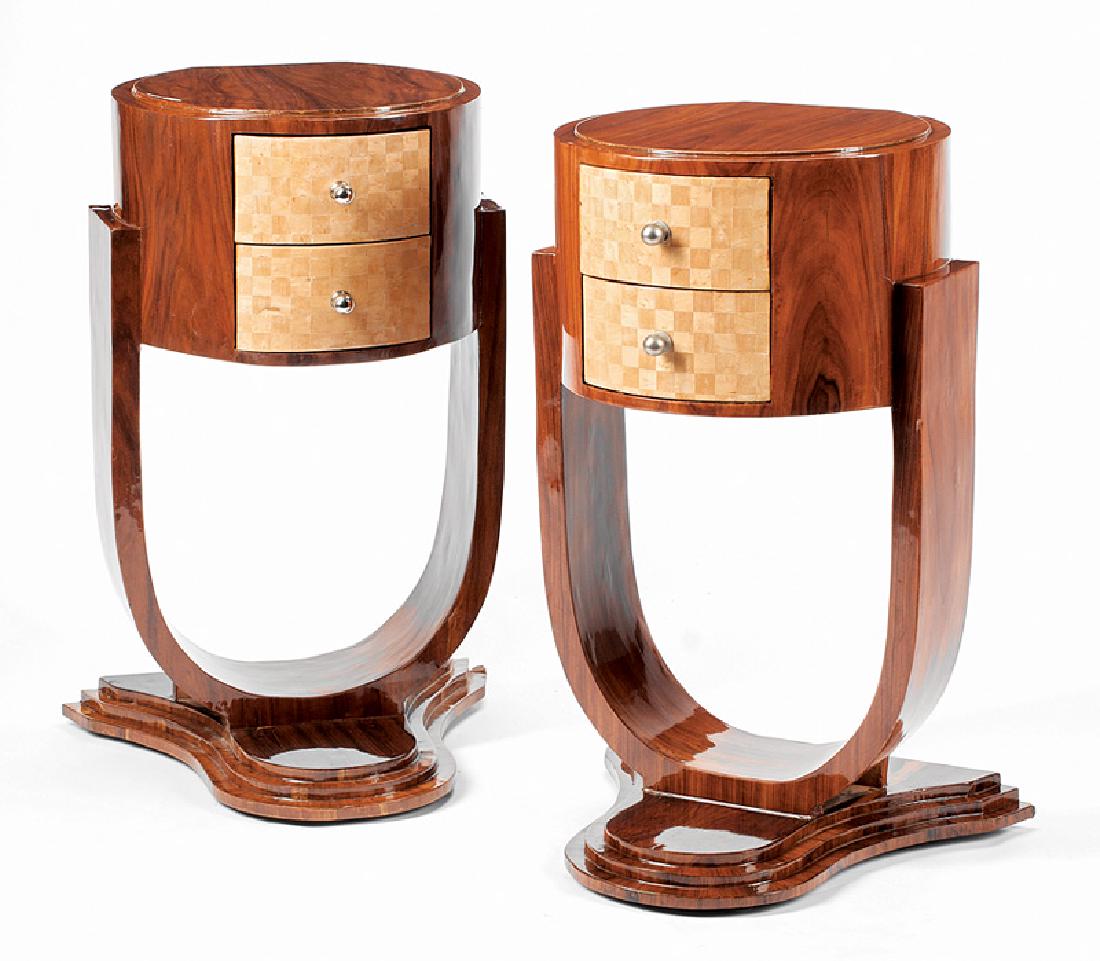 Art Moderne-Style Inlaid Mahogany Night Stands: Pair of Art Moderne-Style Inlaid Mahogany Night Stands, dished tops, checker motif drawers, yoke support, shaped plinth, h. 29 1/2 in., w. 17 in., d. 16 in