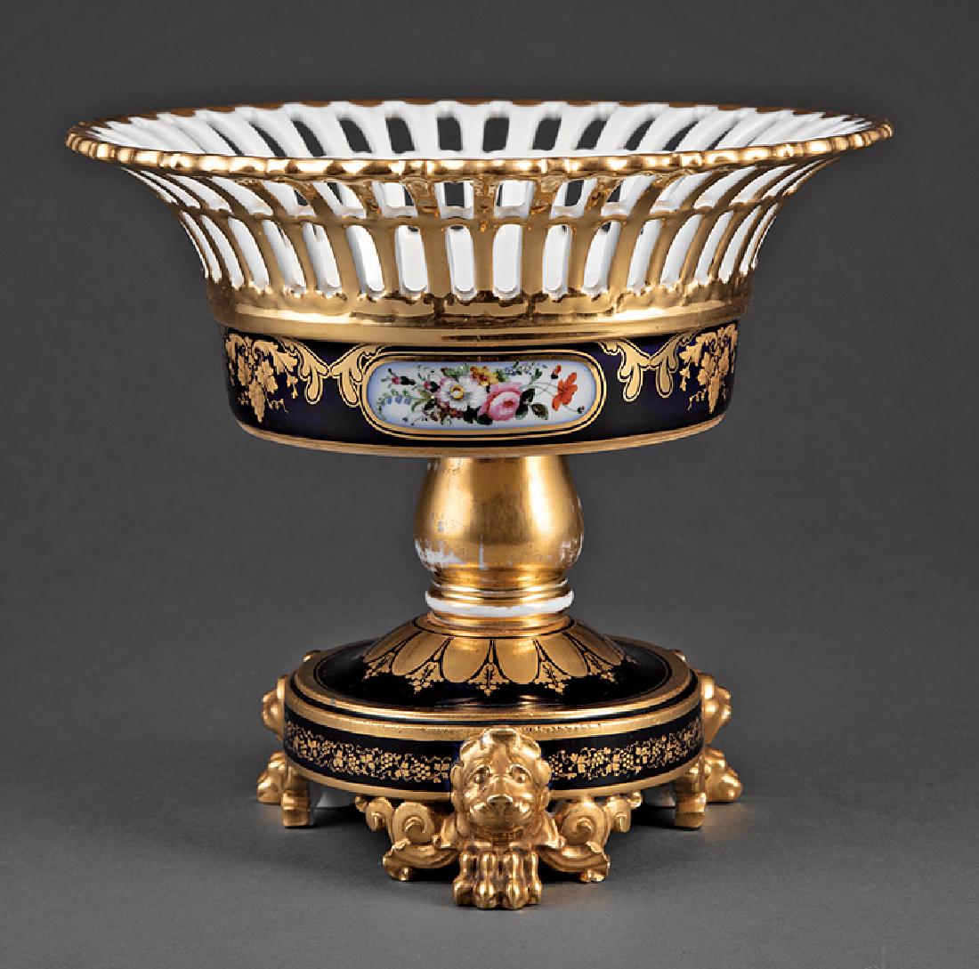 Jacob Petit Paris Porcelain Carbeille: Jacob Petit Paris Porcelain Carbeille, mid-19th c., marked "JP", cobalt ground with floral cartouches, lion and paw feet, h. 8 3/4 in., dia. 9 7/8 in