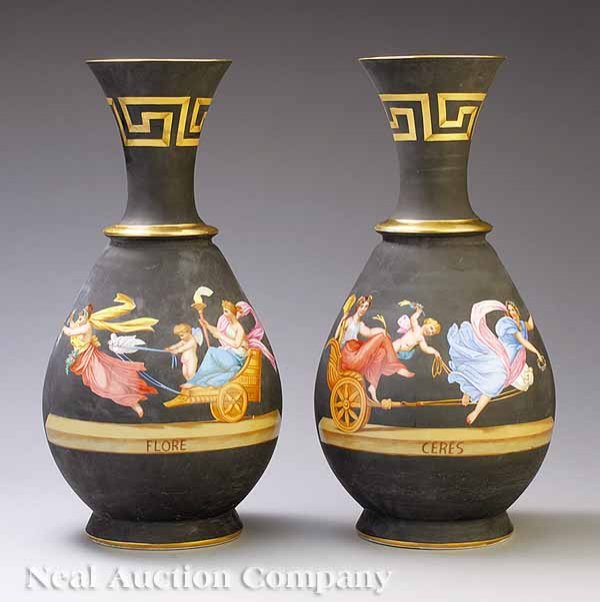 Pair of Paris Porcelain Black Ground Vases