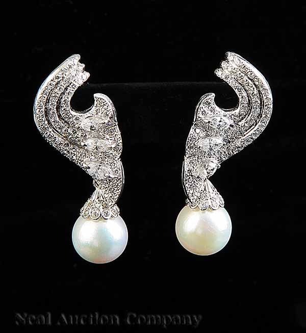 Pair Platinum, Diamond & South Sea Pearl Earrings