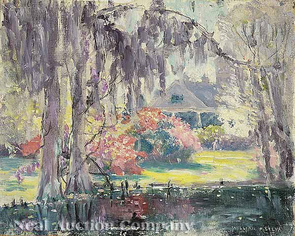 William Posey Silva (Georgia/Tennessee, oil on ca: William Posey Silva (Georgia/Tennessee, 1859-1948) , "Magnolia Gardens, Charleston, South Carolina", oil on canvas mounted to board, signed lower right, titled and inscribed "Purchased in Carmel, Cali