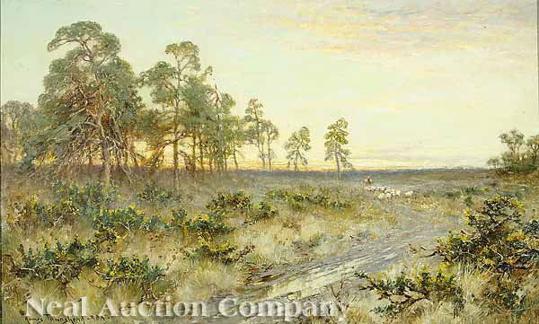 James Townshend, R.B.A. (British, active by 1883): James Townshend, R.B.A. (British, active by 1883, d. 1949) , "A Sunset Landscape with a Shepherd and his Flock", oil on canvas, signed lower left , 17 in. x 28 in., dealer labels of Michael Davis, Lon