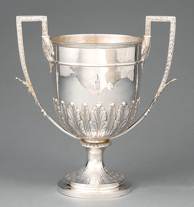 Victorian Sterling Silver Trophy Cup: Victorian Sterling Silver Trophy Cup in the Neoclassical Taste , Charles Stuart Harris, London, 1882, stiff leaf and acanthus decoration throughout, h. 10 5/8 in., w. 11 in., wt. 29.25 troy ozs