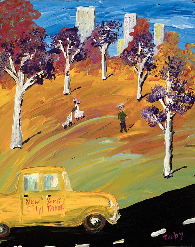 Toby Hollinghead (American/Alabama): Toby Hollinghead (American/Alabama, b. 1953) , "New York City Taxie [sic]", acrylic on canvas, signed lower left, 20 in. x 16 in., unframed . Provenance: The Doug and Cathy Gitter Collection