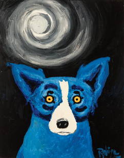 George Rodrigue (American/Louisiana): George Rodrigue (American/Louisiana, 1944-2013) , "Lonely Moonlit Night", 1991, acrylic on linen, signed lower right, signed and dated en verso, artist label with title on frame, 14 in. x 11 in., fram