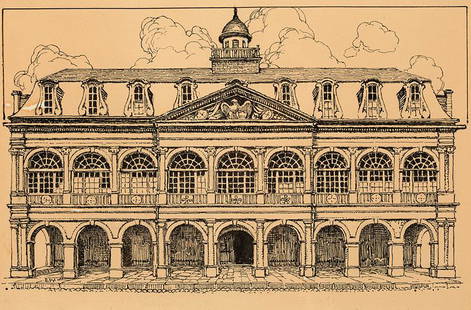 Ellsworth Woodward (American/Louisiana): Ellsworth Woodward (American/Louisiana, 1861-1939) , "Cabildo Façade", pen and ink on paper, initialed lower left, 10 1/4 in. x 13 in., framed