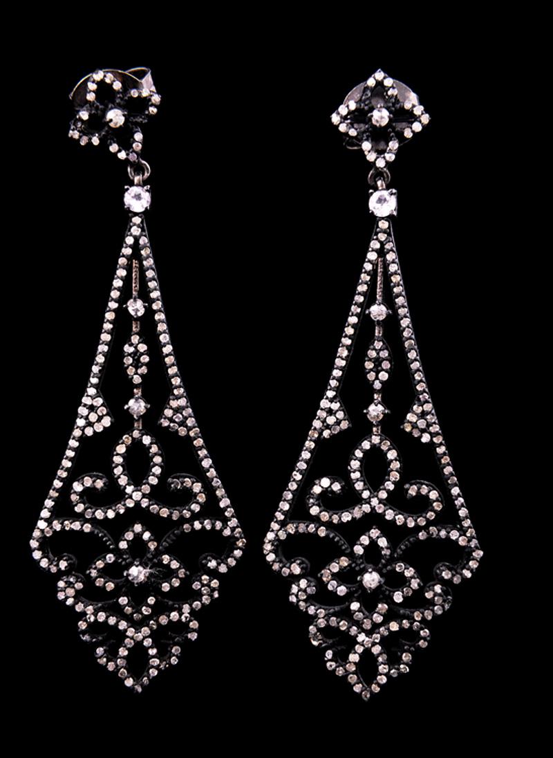Silver, White Sapphire, Diamond Earrings: Pair of Vintage Anodized Silver, White Sapphire and Diamond Tear Drop Chandelier Earrings , 2 round cut sapphires, total wt. approx. 0.20 ct.; approx. 642 single and rose cut diamonds, total wt. appro