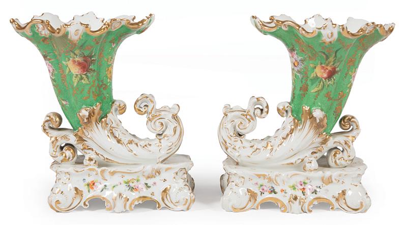 Jacob Petit Paris Porcelain Vases: Pair of Jacob Petit Paris Polychrome and Gilt Porcelain Rhyton Vases , 19th c., bases marked "JP", upper bodies painted with fruit and floral sprays on mint green grounds, h. 8 in., w. 6 in., d. 3 3/4