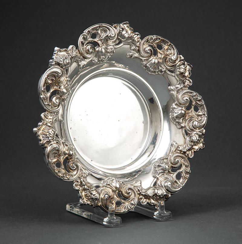 American Sterling Silver Wine Coaster: American Sterling Silver Wine Coaster , Woodside pattern 2098, cast reticulated scroll border, h. 1 1/2 in., dia. 7 5/8 in., wt. 7.15 troy ozs