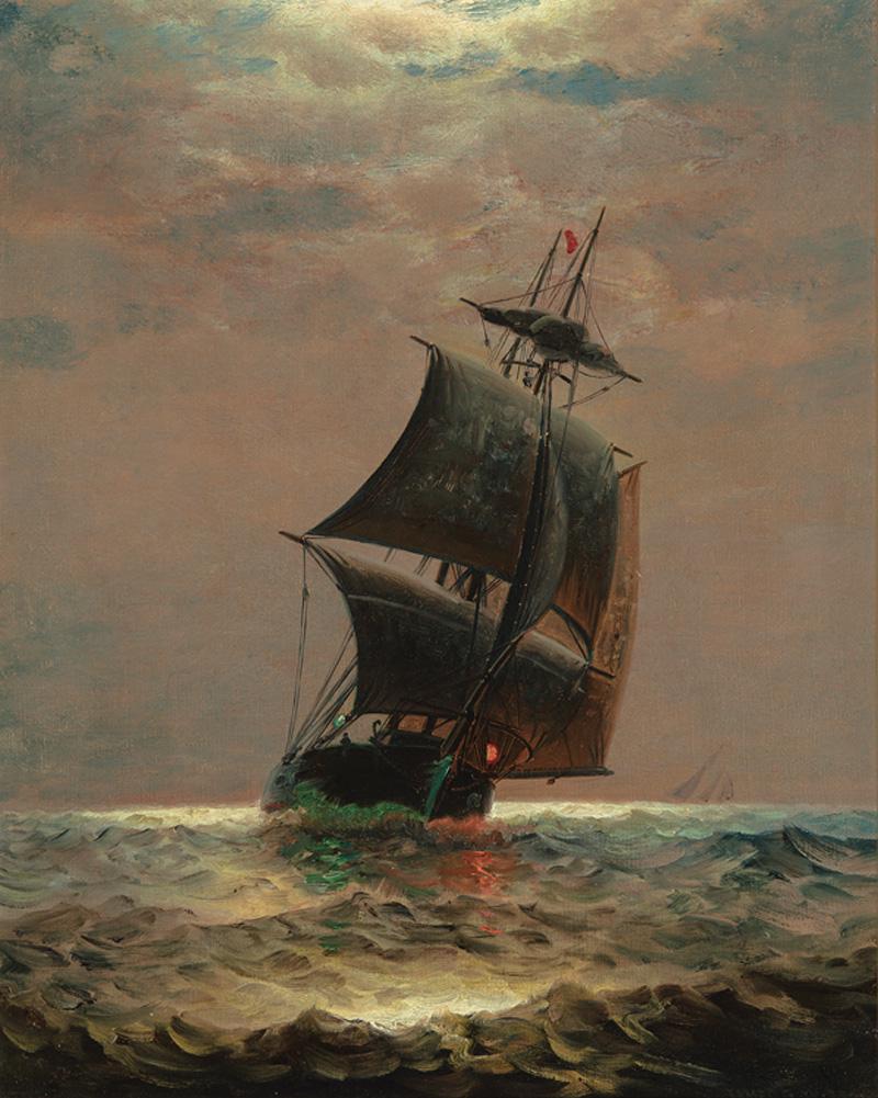James Gale Tyler (American, 1855-1931): James Gale Tyler (American, 1855-1931) , "Ship in the Moonlight", oil on canvas, signed lower right, 20 in. x 16 in., framed