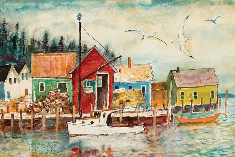 Ben Schute (American/Georgia, 1905-1986): Ben Schute (American/Georgia, 1905-1986) , "Owl's Head, Maine", 1983, watercolor on paper, pencil-signed and dated upper right, titled en verso, 12 1/8 in. x 18 in.; and "Rocks & Gulls, Maine, The Gat