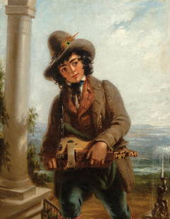Attributed to William Mulready R.A.: Attributed to William Mulready R.A. (British, 1786-1863) , "Boy with Hurdy-Gurdy", oil on canvas, unsigned, artist name inscribed on stretcher, 24 1/8 in. x 20 in., framed with brass artist plaque