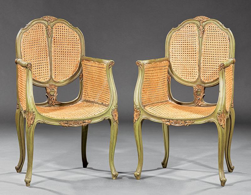 Continental Painted and Caned Bergeres: Pair of Vintage Continental Painted and Caned Bergeres , cartouche back, foliate decoration, cabriole legs , h. 36 1/2 in., w. 21 1/4 in., d. 18 in