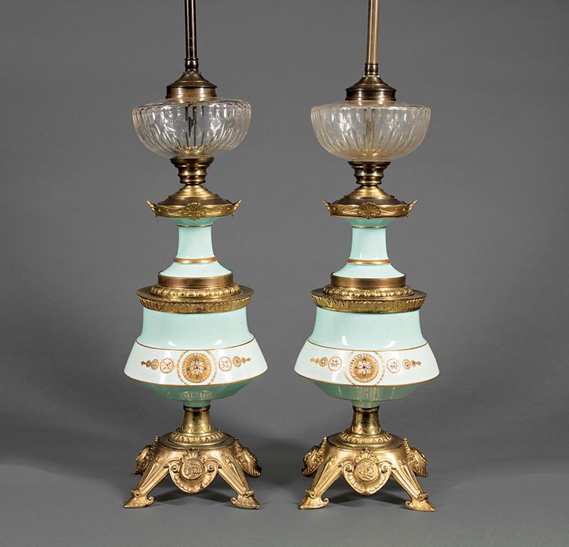 Bronze-Mounted Porcelain Lamps: Pair of Napoleon III Bronze-Mounted Porcelain Lamps , in the Renaissance taste, cut glass font, base with portrait medallions, h. (to socket) 28 in., dia. 6 1/2 in . Provenance: Schwitz Collection, Fr