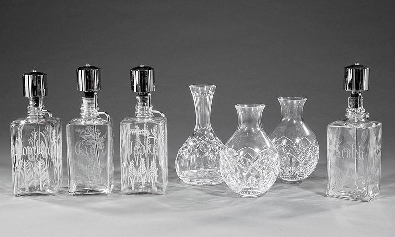 Four Etched Glass Pump Decanters (1 of 2)