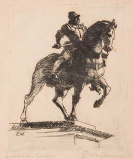 Ellsworth Woodward (American/Louisiana): Ellsworth Woodward (American/Louisiana, 1861-1939) , "Equestrian Statue of Bartolomeno Colleoni, Venice (Boyer 27, fig. 19)", 1912, pen and ink preliminary drawing and etching on paper, drawing signed