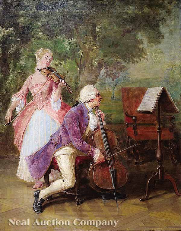 John Ward Dunsmore (American, 1856-1945): John Ward Dunsmore (American, 1856-1945) , "Cello Sonate with Violin Accompaniment", oil on canvas, signed lower right, 28 3/8 in. x 22 1/8 in., in an Arts and Crafts period frame * NO RETURNS ARE ACC