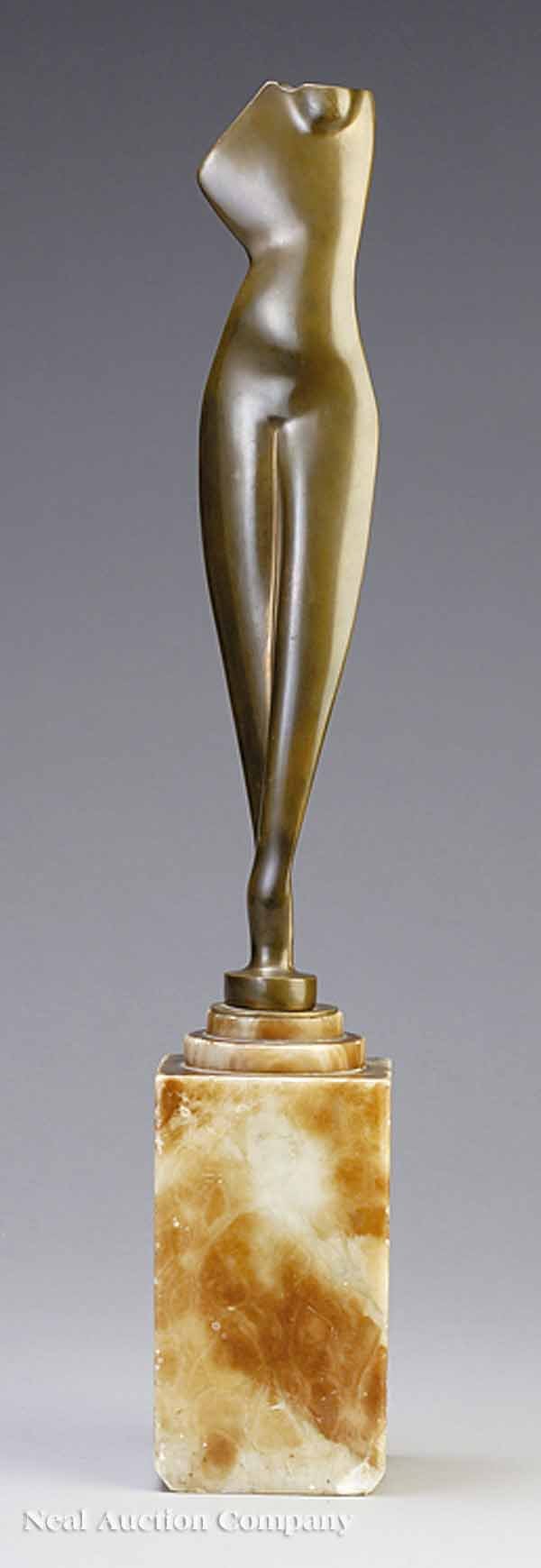 Two Bronze Figures, after Archipenko: Two Decorative Bronze Figures , after Alexander Archipenko (Russian/American, 1887-1964), one after his "Flat Torso Figure", rubbed bronze with traces of gilt wash, inscribed "ARCHIPENKO 1914" on base