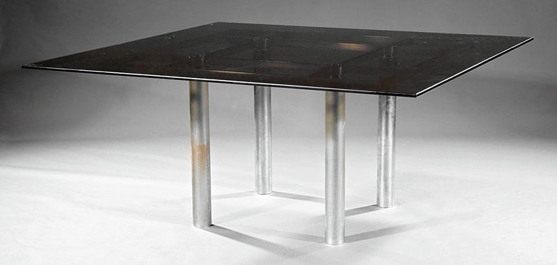 Tobia Scarpa for Gavina/Knoll Table: Tobia Scarpa for Gavina/Knoll Chromed Steel and Glass Table , c. 1968, labeled "Gavina, Italy", smoked glass top, h. 27 in., w. 60 in., d. 60 in. Condition: Structurally sound. Scattered abrasions, ma