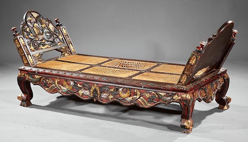 Indonesian Carved, Polychrome Caned Lit de Repos (1 of 1)