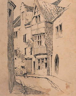 Attributed to Ellsworth Woodward (American/NO): Attributed to Ellsworth Woodward (American/New Orleans, 1861-1939) , "Narrow Street in York, England", pen and ink on paper, unsigned, 12 1/2 in. x 8 1/4 in., matted Provenance: Previously in the Coll