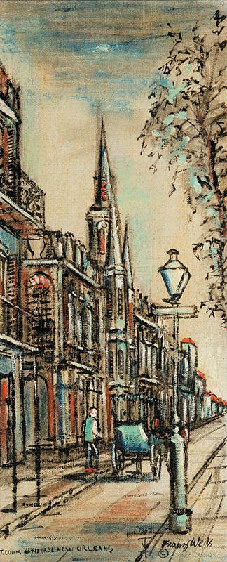 Franz Weiss (American/New Orleans, 1903-1982): Franz Weiss (American/New Orleans, 1903-1982) , "St. Louis Cathedral, New Orleans", 1967, oil on burlap, signed and dated lower right, titled lower left, 24 in. x 10 in., framed Condition Report: Neit