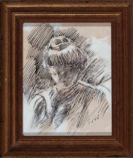 Ellsworth Woodward (American/New Orleans, 1861): Ellsworth Woodward (American/New Orleans, 1861-1939) , "Portrait of a Man", 1891, ink and chalk on paper board, signed, dated and inscribed "München" lower right, 9 9/16 in. x 6 5/16 in., framed;