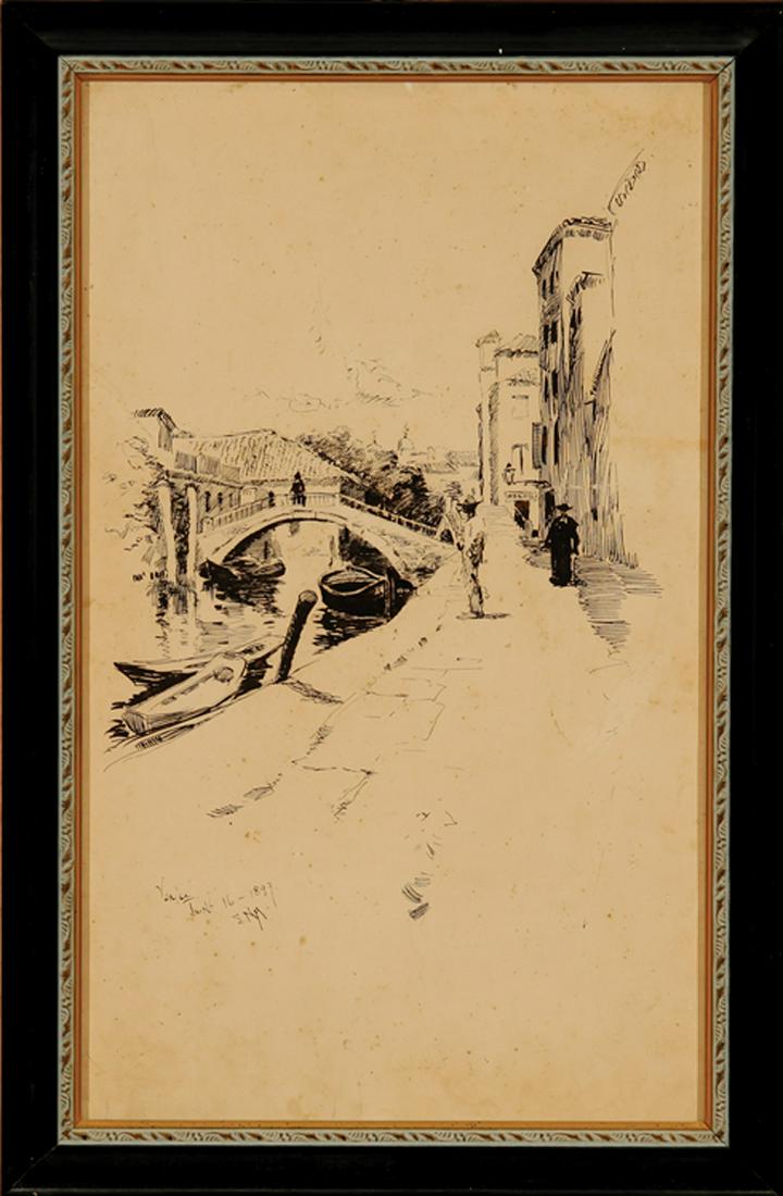 Samuel Nelson Abbott (American, 1874-1953): Samuel Nelson Abbott (American, 1874-1953) , "Venice", 1897, ink on paper, initialed "S.N.A", titled and dated lower left, 19 1/4 in. x 11 7/8 in., framed . Provenance: The Sturm Collection Condition 