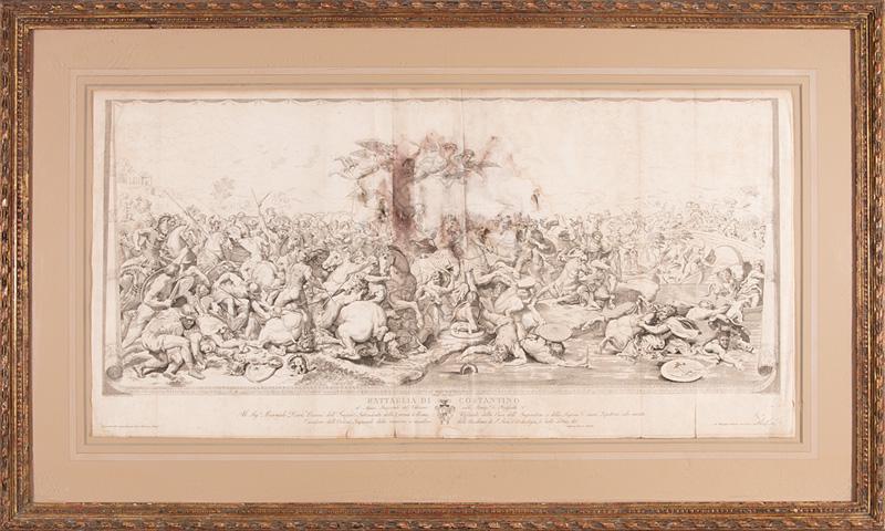 Antonio Banzo (Italian, 1777-1859): Antonio Banzo (Italian, 1777-1859) , "Battaglia di Costantino", engraving, after the original by Raphael (1483-1520), sheet 19 in. x 38 1/4 in., framed Condition Report: Float-mounted so all edges vis
