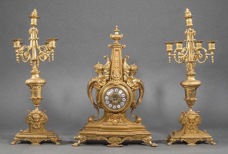 French Baroque-Style Gilt Bronze Clock Garniture (1 of 3)