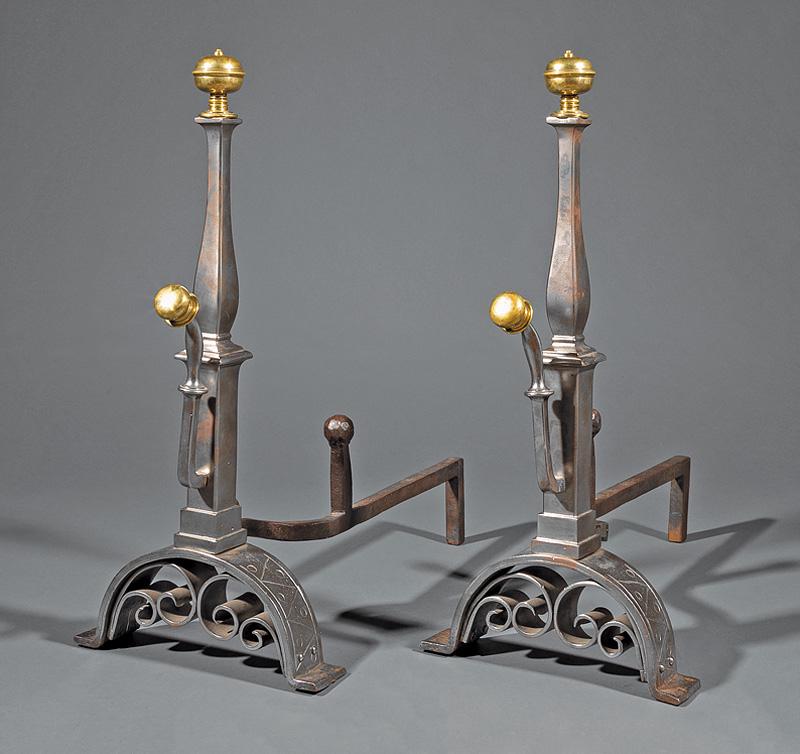English Brass and Polished Steel Andirons: Pair of English Brass and Polished Steel Andirons , 20th c., incised decoration, scroll base, h. 25 1/2 in., w. 11 1/2 in., d. 22 1/2 in IMPORTANT: All purchases must be removed from our premises with