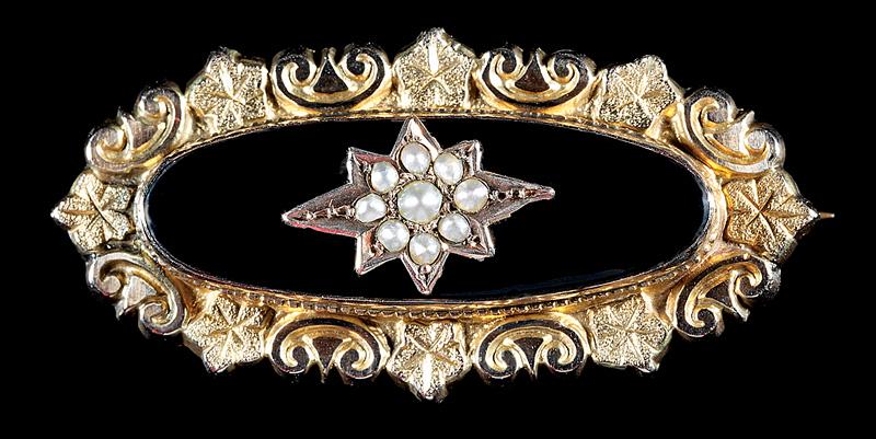 English Victorian Gold, Black Onyx, Pearl Brooch (1 of 1)