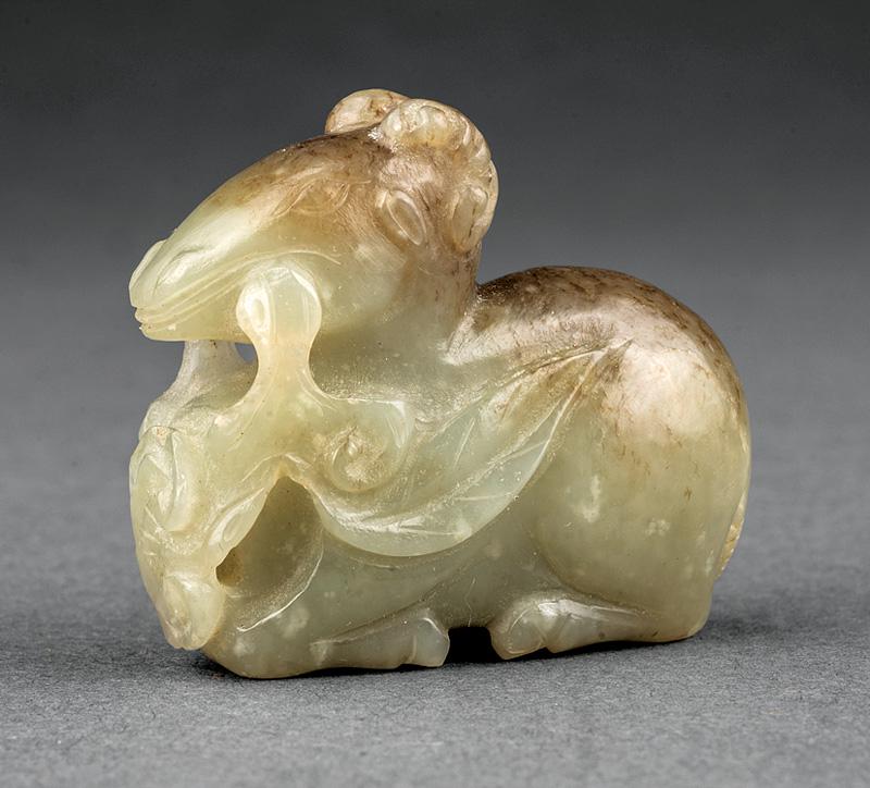 Chinese Celadon and Russet Jade Recumbent Ram (1 of 1)