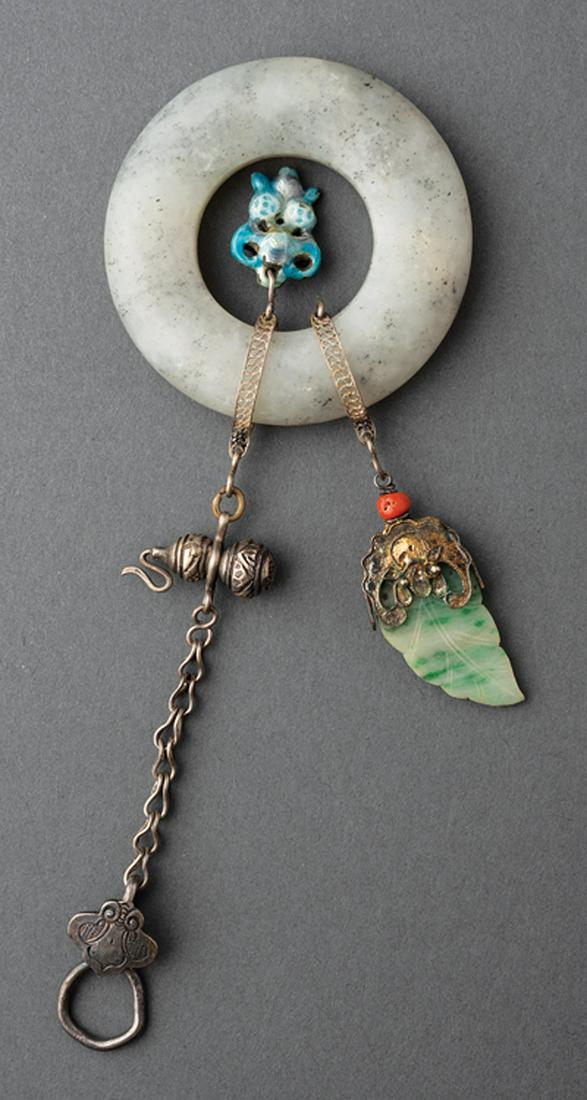 Chinese Silver, Enamel, Gray Jade Disck: Chinese Silver, Enamel and Jadeite Hung Gray Jade Disk , Qing Dynasty (1644-1911), disk, dia. 2 3/16 in., overall l. 7 5/8 in . Provenance: The Sturm Collection, St. Thomas and Trinidad IMPORTANT: All