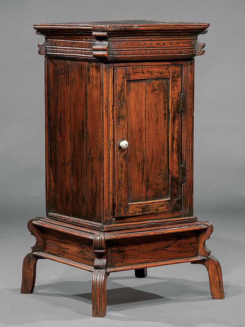 Asian Hardwood Commode on Stand: Asian Hardwood Commode on Stand , waisted top inset with four panels, frieze with starburst motif, c-scoll corner flanges, paneled door, shelf interior, stand with c-scroll flanges, curved legs, h. 34
