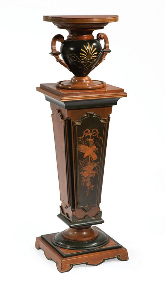Ebonized Walnut and Marquetry Pedestal: American Renaissance Gilt-Incised, Parcel Ebonized Walnut and Marquetry Pedestal, late 19th c., urn form top, reverse-tapered standard, plinth base, h. 41 1/2 in., w. 12 in., d. 12 in . Provenance: Es