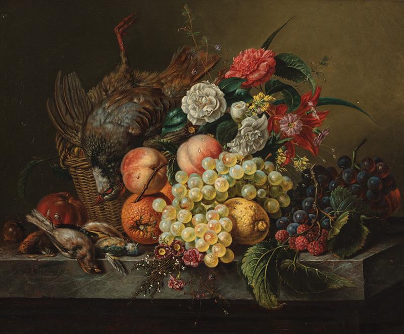 Sebastian Theodorus Voorn Boers (Dutch): Sebastian Theodorus Voorn Boers (Dutch, 1828-1893), "Still Life and Nature Morte with Flowers, Grapes, Citrus, and a Basket of Fowl on a Table", 1855, oil on canvas, signed and dated lower left, 20 1/